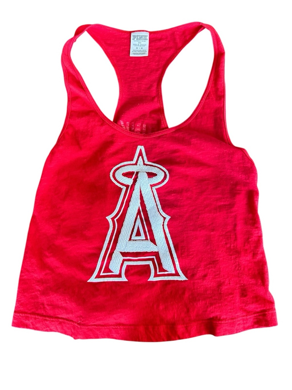 Pink Victoria’s Secret Angela baseball collab shirt mlb red tank top white